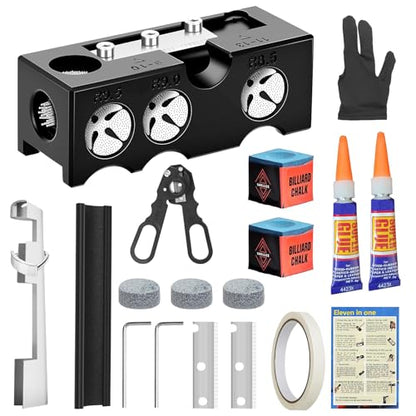 Billiards Pool Cue Tip Shaper, 11-in-1 Pool Stick Tips Replacement Kit, Billiards Accessories Tool, Table Accessories for Repair and Shaping Cue Tips