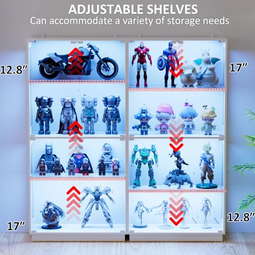 Display Cabinet with Glass Doors 4 Tier Glass Display Case with RGB LED Lights Display Cases for Collectibles Adjustable Shelves Display Case, for Game Room, Living Room, Bedroom, White - color: White