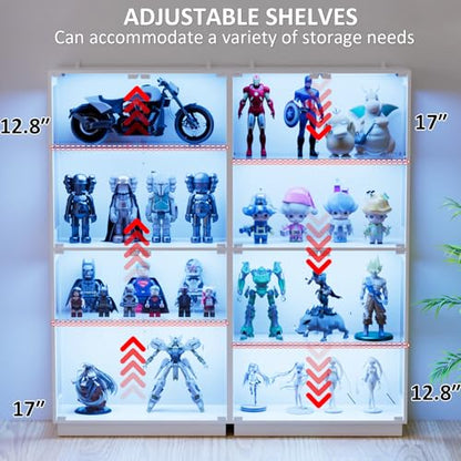 Display Cabinet with Glass Doors 4 Tier Glass Display Case with RGB LED Lights Display Cases for Collectibles Adjustable Shelves Display Case, for Game Room, Living Room, Bedroom, White - color: White