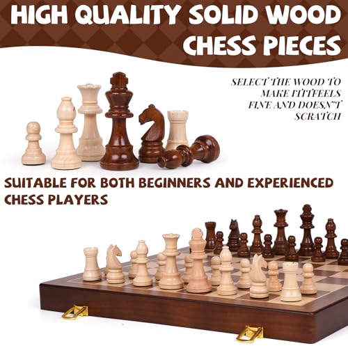 Large 17” Wooden Chess Set for Adults and Kids– Large Solid Folding Wood Chess Board with Hand-Carved Pieces, 3.25” King, 2 Extra Queens, Family Classic Strategy Board Game