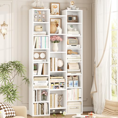 FOTOSOK 71'' White Bookshelf with 21 Cubes, 8 Tier Triple Wide Tall Bookshelf with 8 Adjustable Shelves, 35" Large Bookcase DVD/CD Media Tower Storage, Freestanding Display Shelf Cabinet, White - color: White