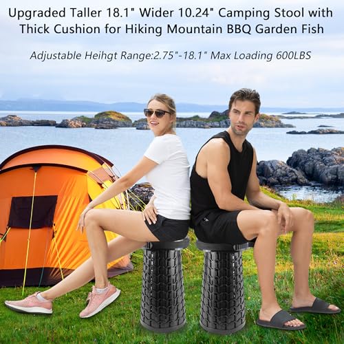 ALEVMOOM Telescoping Stool with Thick Cushion, H18.1“ D10.24” Collapsible Retractable More Sturdy Capacity 600Ib, Portable Camping Adjustable Folding Stool for Garden Fishing Hiking Mountain BBQ - color: Black