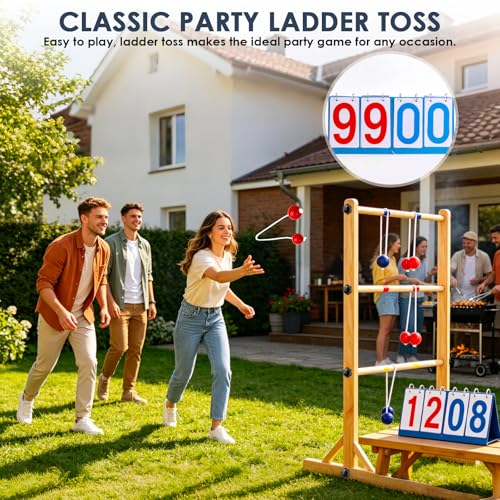 Ladder Ball Set with 2 Ladders 6 Bolas and Scoreboard Lawn Game Ladder Toss Outdoor Ladder Toss Game Set Wood Ladder Ball Set