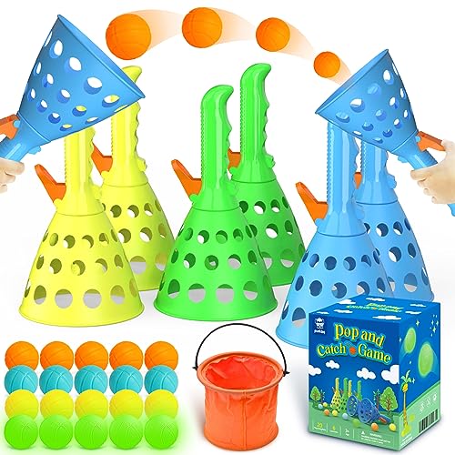 punkdog Pop and Catch Ball Game with 15 Ping Pong Balls, 5 Glow Balls and 6 Catch Launcher Baskets - Outdoor Indoor Game, Christmas Easter Party Favors Gifts Toys for Kids and Adults