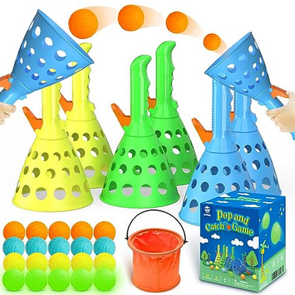 punkdog Pop and Catch Ball Game with 15 Ping Pong Balls, 5 Glow Balls and 6 Catch Launcher Baskets - Outdoor Indoor Game, Christmas Easter Party Favors Gifts Toys for Kids and Adults