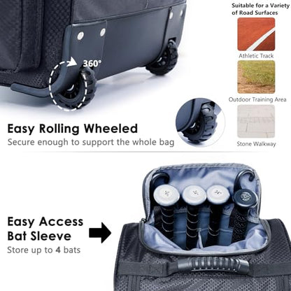 Rolling Baseball Bag With Wheels, Seperate Shoe Compartment and Fence Hook - Large Softball Bag for T-Ball - Team Equipment Duffle Bag - Catcher Gear Bag for Boys 8-12, Youth, Adults - color: Black