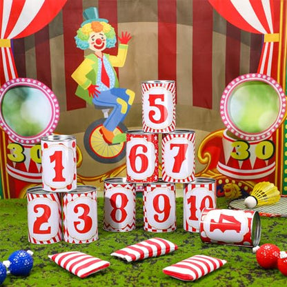 14 Pcs Carnival Bean Bag Toss Games with 10 Carnival Can 3 Bean Bag and 1 Banner for Family Party Birthday Easter Outdoor Activities