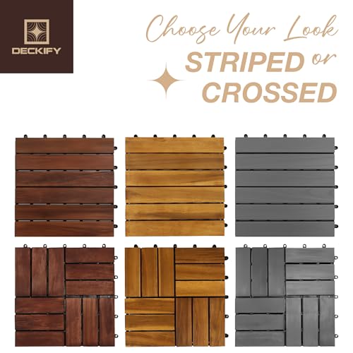 9Pcs Premium Acacia Wood Interlocking Patio Deck Tiles, 12 x 12 x 0.9 Inch Outdoor Flooring, Waterproof for All-Weather Use – Crossed, Gray