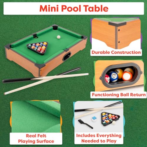 Mini Pool Table - 20-Inch Portable Tabletop Billiards Game with Cue Balls, Sticks, Chalk, Brush, and Triangle Rack - Table Games by Hey Play - style: Mini Billiards