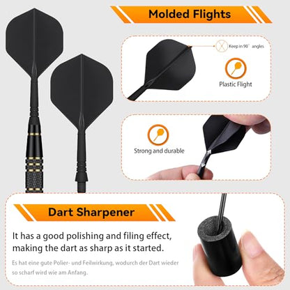 Steel Tip Darts Set 23g, 3 Pack with Brass Barrels and Case | 23g steel tip darts, 21g brass barrels, integrated flights, sharpener, slim case, for bristle dartboards