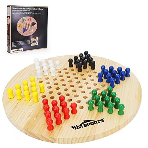 Win SPORTS Chinese Checkers Board - Classic Strategy Game & Fun for The Whole Family, Includes 60 Wooden Pegs in 6 Colors, Made with Natural Wood (11.5 Inch)
