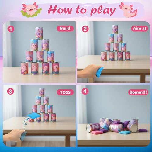 13 Pcs Axolotl Bean Bag Toss Game for Carnival Party, with 10 Tin Cans and 3 Bean Bags, Pink Cartoon Family Party Game for Birthday Festival Indoors Outdoors Activities Supplies