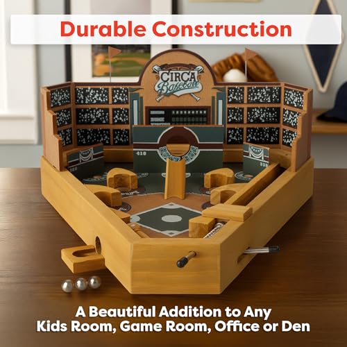 HEY! PLAY! 12-HY2070 Baseball Pinball Tabletop Skill Game - Classic Miniature Wooden Retro Sports Arcade Desktop Toy for Adult Collectors and Children