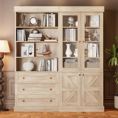 Vyre 71" Tall Farmhouse Bookshelves with Glass Doors and Drawers, Set of 2 – Large Modular Bookcase with Adjustable Shelves, Storage Cabinet for Living Room, Kitchen, Brown - color: Brown