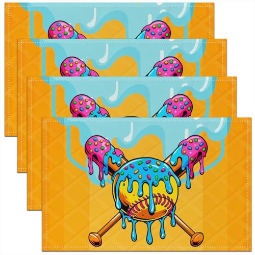 Ice Cream Drip Softball Kids Placemats Set of 4,Softball Bat Ball Sport Games Table Place Mats,Waffle Cake Dessert Lovers Kitchen Decor,Blue Yellow Placemat Kitchen Table Decoration 12"x18" - color: Blue Yellow