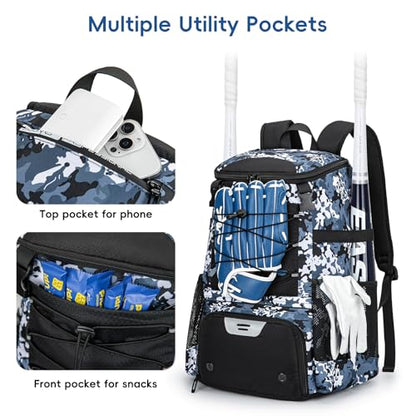 KAVIGOR Baseball Bag for Youth and Adult, Softball Backpack 40L Large Capacity, Bat Backpack with Shoes Compartment and Hidden Helmet Holder - color: Blue Camo