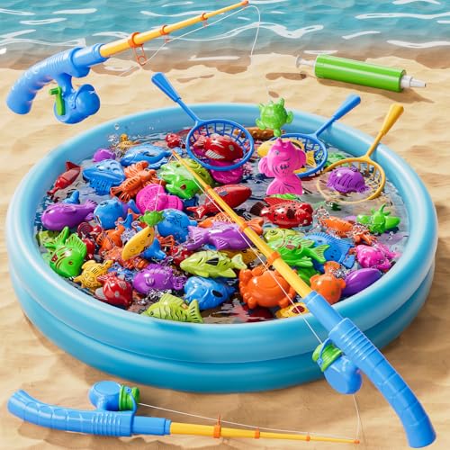 Magnetic Fishing Game Toys for Kids Toddlers 3-5 4-8, Water Table Bathtub Toys with Inflatable Pool Pole Rod Net Floating Fish, Water Bath Pool Outdoor Toys for Boys Girls Age 3 4 5 6 7 8 Year Old - style: 3 rods 3 nets 44 fish