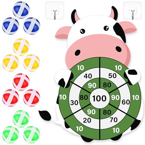 HyDren Cow Dart Party Game Farm Dart Party Favors 31x24 Cow Dart Board with 12 Sticky Balls Toys Farm Game Party Decorations Animal Birthday Party Gift for Indoor Outdoor Game - style: Cow