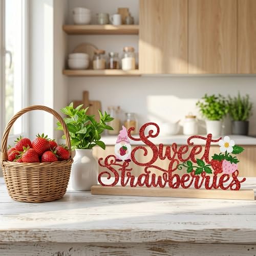 Sweet Strawberries Summer Table Decorations Red Strawberries Metal Table Sign with Wooden Base Cute Summer Tiered Tray Decor Strawberry Tabletop Centerpiece for Kitchen Home Party Centerpieces - style: Sweet Strawberries