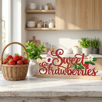 Sweet Strawberries Summer Table Decorations Red Strawberries Metal Table Sign with Wooden Base Cute Summer Tiered Tray Decor Strawberry Tabletop Centerpiece for Kitchen Home Party Centerpieces - style: Sweet Strawberries