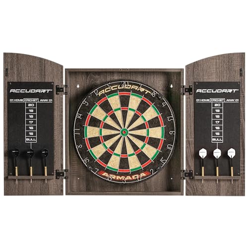 Accudart Armada Bristle Dartboard Cabinet Set – Official 18” Sisal Board, Self‑Healing Fibers, Grey Wood Cabinet, Round Spider Wires, Rotating Number Ring – Includes Steel‑Tip Darts