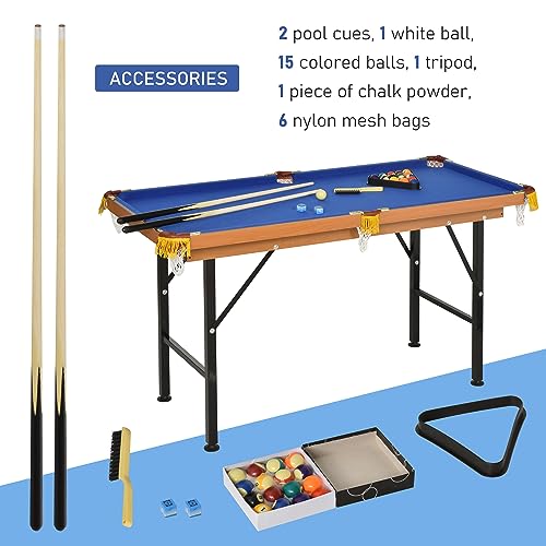 Folding Pool Table with Accessories, 55x24.75x29.5 Inches, Blue Felt Top, Includes 2 Cues, 16 Balls, Chalk, Triangle Rack, 6 Mesh Bags, Compact Billiard Game Table for Kids and Adults