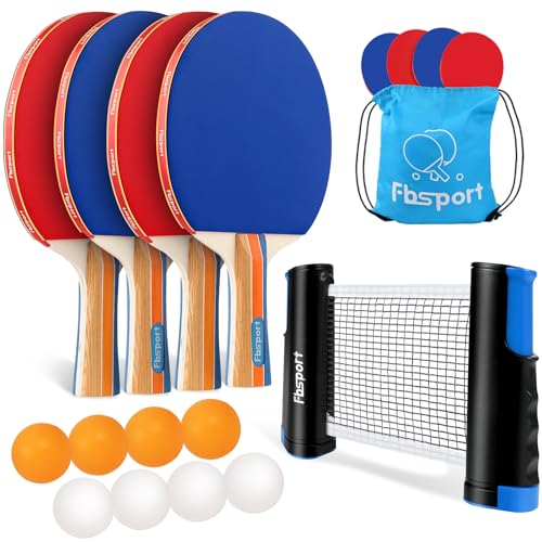FBSPORT Ping Pong Paddle Set, Table Tennis Set with 4 Rackets and 8 Balls, Retractable Net with Storage Bag - Pingpong Paddle Accessories for Indoor/Outdoor Games - color: 4 Paddles-Blue/Red