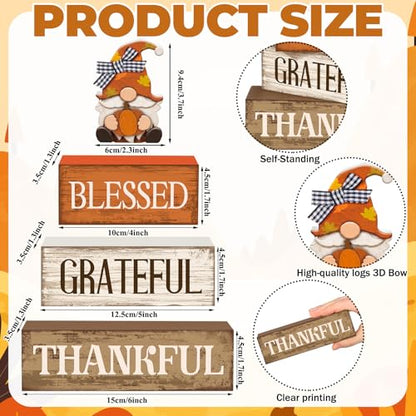 Lineshading 4 Pcs Wooden Farmhouse Tabletop Decor Rustic Home Tiered Tray Decor Decorative Farmhouse Table Decoration Home Block Signs Gift(Blessed Gnome) - style: Blessed Gnome