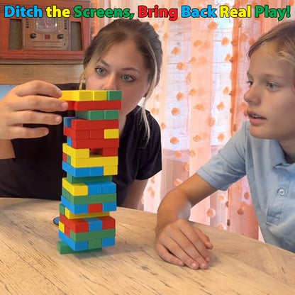 Funwares Rainbow Stack Wooden Blocks Stacking Game, Tumbling Tower & Balance Game, Family & Party Fun, Ages 6+, Color Spinner-Based Twist on Classic Stacking Games