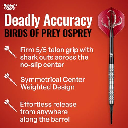 Shot! Darts Soft Tip, Birds of Prey Osprey (18g), 90% Tungsten Barrel, Center Weighted, Handcrafted Darts | Professional Soft Tip Darts Set for Electronic Dartboard | Made in New Zealand