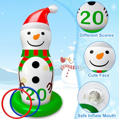 Christmas Ring Toss Game Inflatable Snowman Christmas Party Games for Kids Family Adults Xmas Activities Supplies Decoration Indoor Outdoor Garden Toys 4 Scoreboard Snowman,12 Plastic Rings Gifts