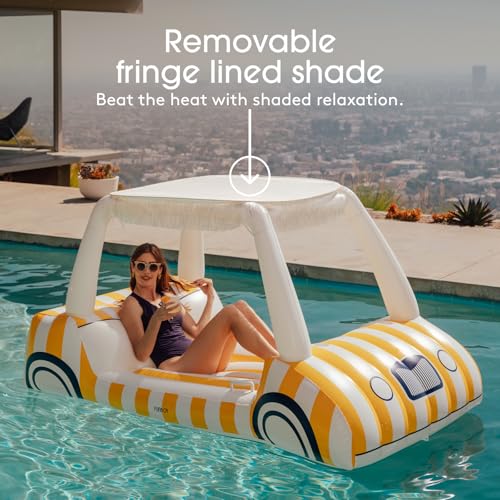 FUNBOY Giant Inflatable Luxury Golf Cart Pool Float, Two Cup Holders, Removable Fringe Shade, Float for Summer Pool Party and Entertainment - color: Yellow, White