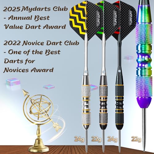 Turnart Darts Metal Tip Set - Steel Tip Darts Darts Set Professional Metal Darts 12 pcs 22/24 Grams Pro Dart Set with Stylish Case Aluminum Shafts Extra 9 Flights - color: Purple