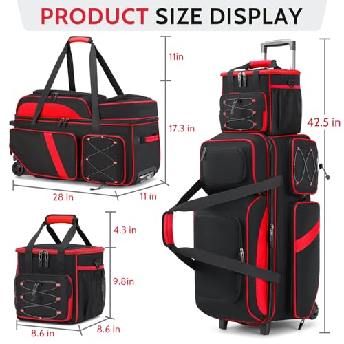4 Ball Bowling Bag with Wheels, 3 Ball Bowling Bags Roller with 1 Ball Add On Bag, Multi-Pockets & Shoe Compartment (Fits Up to Size 16) - color: Red