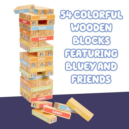 Bluey 8th Wonder Stackable Tumbling Tower Game, Robust Wooden Stacking Game with 54 Illustrated Colored Blocks, Fun Balancing Toy for Kids Ages 3+ - style: Tumbling Tower
