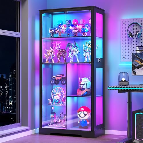 Gurexl Display Cabinet with Motion Sensor LED Lights, Glass Curio Cabinet with Adjustable Shelves & Glass Door, Modern Tall Display Case for Collectibles, Toys, Figures, Ideal for Living Room, Black - color: Rgb Black