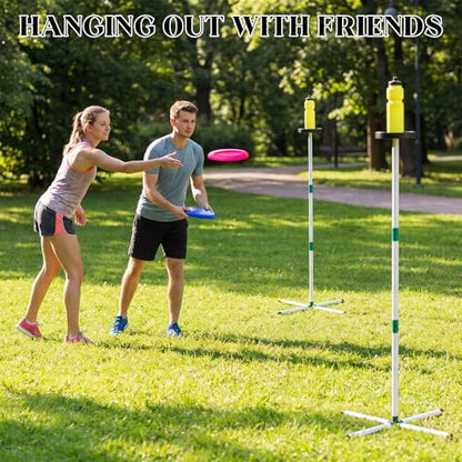 2 Set Flying Disc Game Set Portable Disc Toss Game Includes 2 Discs Targets & 2 Flying Discs & 2 Height Adjustable Poles Lawn Outdoor Games for Backyard, Park, Beach for Family & Friends