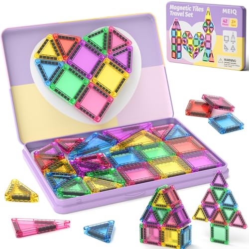 42-Piece Mini Magnetic Tiles Travel Set with Metal Storage Box - Portable STEM Building Blocks for Kids Ages 3-8, Montessori Educational Toys for Airplane & Car Rides, Gift for Boys & Girls - size: 42 Pieces