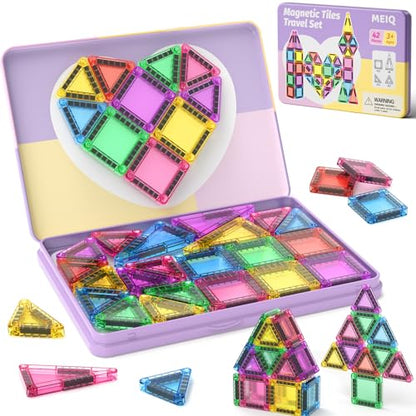 42-Piece Mini Magnetic Tiles Travel Set with Metal Storage Box - Portable STEM Building Blocks for Kids Ages 3-8, Montessori Educational Toys for Airplane & Car Rides, Gift for Boys & Girls - size: 42 Pieces