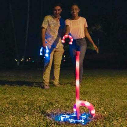 YARDCANDY After Dark Illuminated Horseshoes - Complete with 2 Weighted Blue LED Horseshoes, 2 Weighted Red LED Horseshoes and 2 LED Stakes. Perfect for Play Both Day or Night.