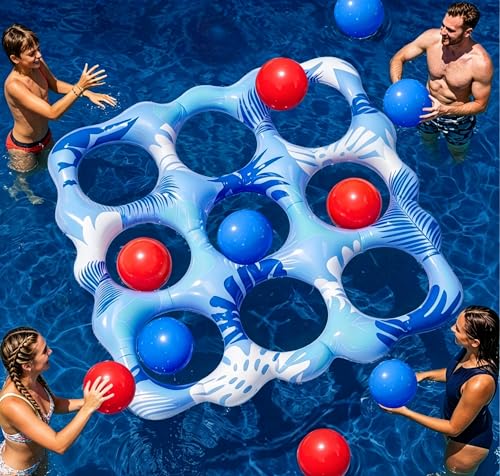 Inflatable Tic Tac Toe Pool Toys, Fun Swimming Pool Game, Floating Water Toy with Anti-Drift Design & 10 Balls, Outdoor Summer Party Birthday Gift 6-8 8-12 Years Old Boys Girls Teen Adults Family - color: Blue