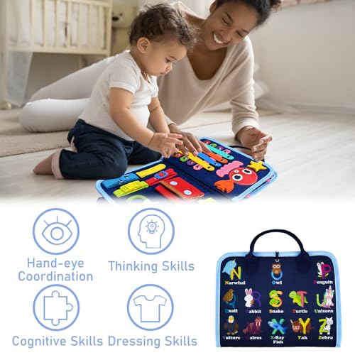 Gojmzo Busy Board Montessori Toys for Toddler Boys & Girls Gifts, Sensory Toys for Toddlers, Educational Travel Preschool Activities Learning Alphabet Count Fine Motor Skills - style: Blue/P4