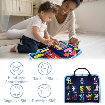 Gojmzo Busy Board Montessori Toys for Toddler Boys & Girls Gifts, Sensory Toys for Toddlers, Educational Travel Preschool Activities Learning Alphabet Count Fine Motor Skills - style: Blue/P4