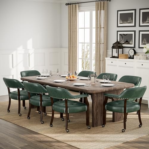Set of 4 Dining Leather Chairs with Casters and Arms, Accent Kitchen Table Chairs with Wheels, Wood Captains Rolling Roller Poker Table Chair, Espresso&Green 1910GN(NO Table!) - color: Espresso&green