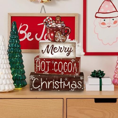 DIYDEC 4Pcs Christmas Wooden Tabletop Decoration Hot Cocoa Wooden Block Signs Gift Rustic Xmas Tiered Tray Decor Merry Christmas Centerpiece Sign Farmhouse Winter Table Home Party Decor - style: Hot Cocoa