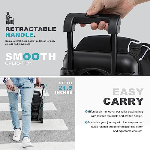 GoHimal Double Roller Bowling Bag, Shoe Compartment, Upgraded Fabric | Fits US men's size 15 shoes,multi pockets,retractable handle extends to 40",smooth-rolling wheels,lightweight design - color: Black