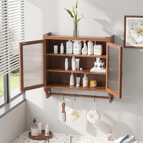 Retro Style Haze Double Glass Door Wood Wall Cabinet with Detachable Shelves for Office, Dining Room,Living Room, Kitchen and Bathroom Brown - color: Brown