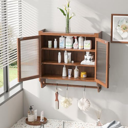 Retro Style Haze Double Glass Door Wood Wall Cabinet with Detachable Shelves for Office, Dining Room,Living Room, Kitchen and Bathroom Brown - color: Brown