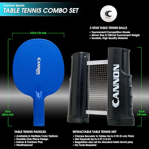 Cannon Sports Table Tennis Set – 4 Unbreakable Paddles, 6 3-Star Balls, Retractable Net & Carry Bag – Clamp-On Portable Ping Pong Net Fits Tables up to 2 Inch Thick, Extends to 6 Feet - color: Blue