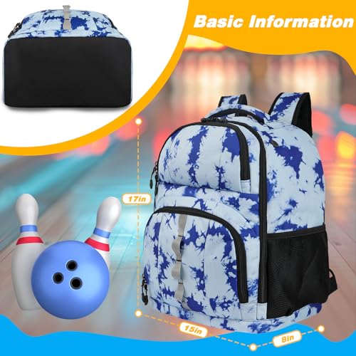 Goloni 2 Ball Bowling Backpack,Bowling Ball Bag with Shoe Compartment & Portective Foam Padded, Fits Shoes Up to US Size 16 - color: Blue Tie Dye